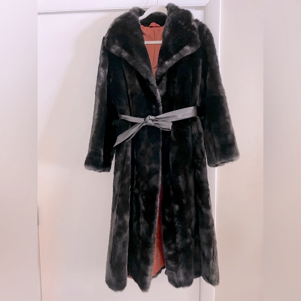 Tissavel Black Vintage Faux Fur Coat (midi length) with Leather Removable Belt